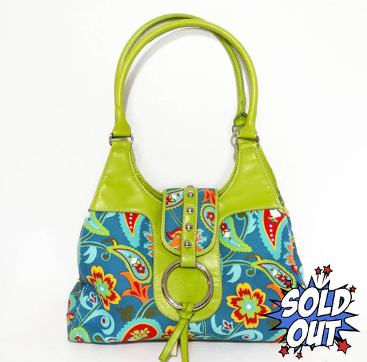 St John's Bay Blue and Green Canvas, Leather Bag, 12 in. Paisley Floral