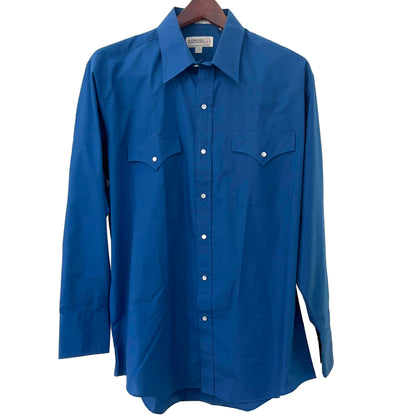 Sheplers-Long-Sleeve_Blue-Western-Shirt-Pearl-Snaps-16.5/33.-Front-view.