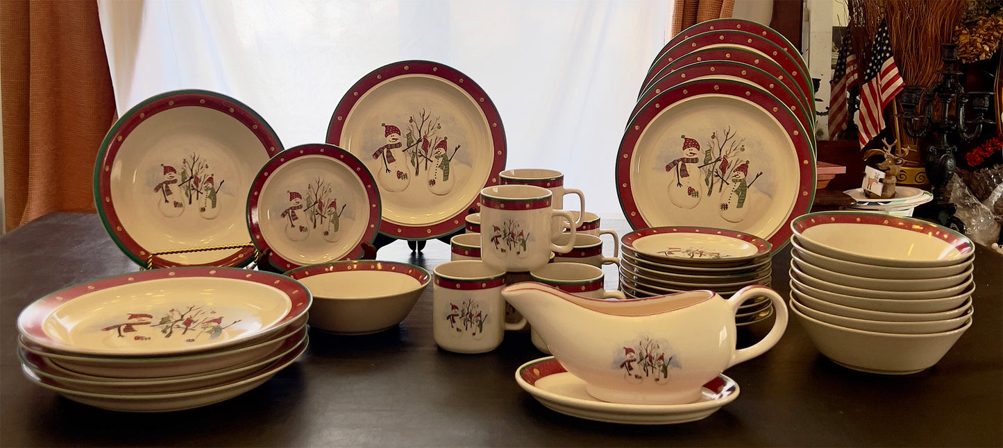 Showing  10 place settings of Stoneware Snowman Dinnerware 