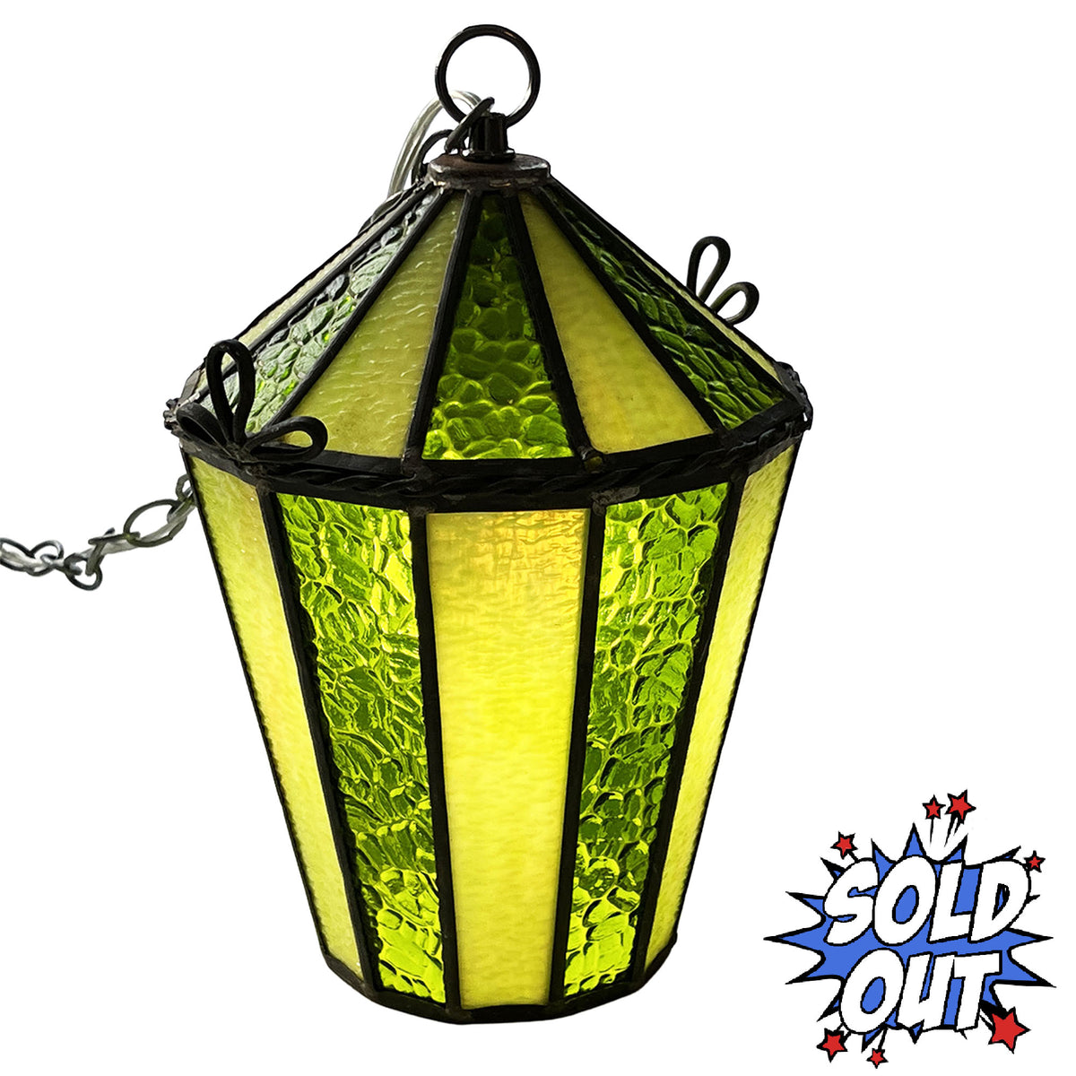 Vintage Mid-Century Modern Stained Glass Pendant Light – Green & Yellow 13.5″