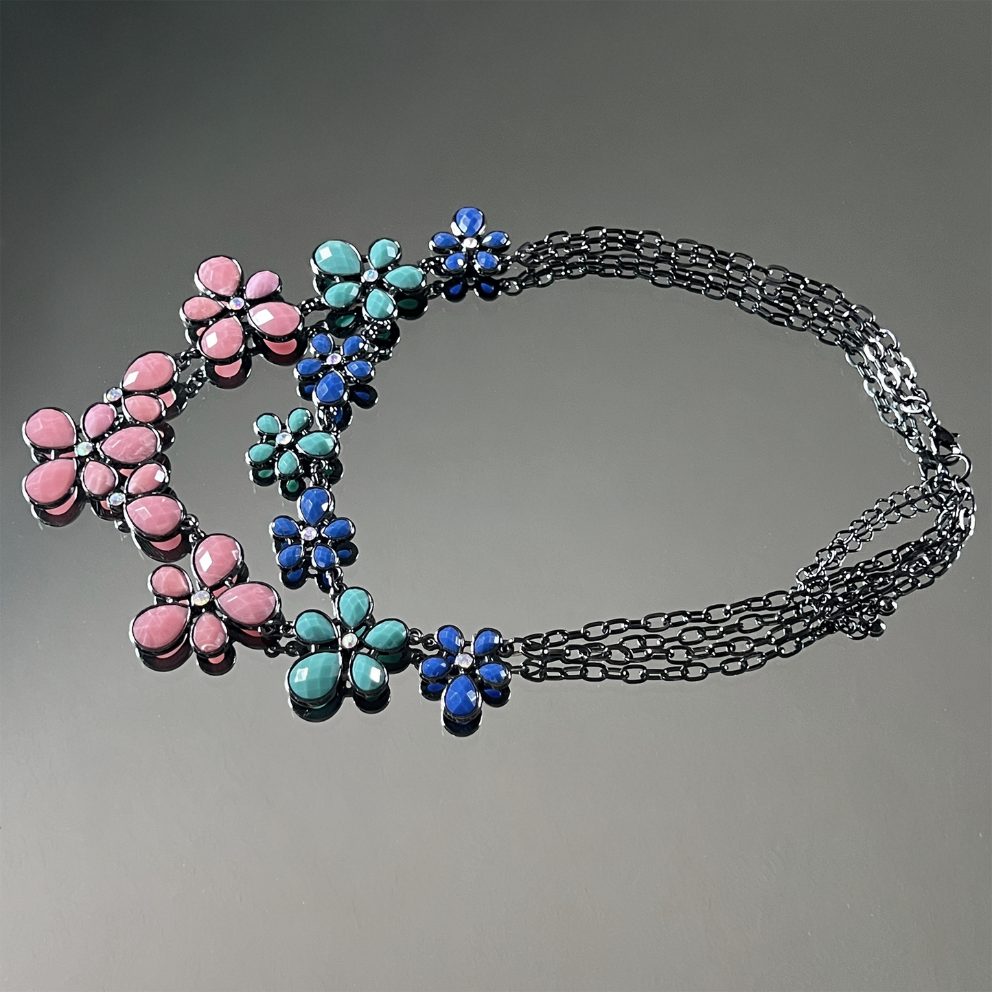 Statement Necklace with Blue, Pink, Teal Flowers, Rhinestone Accents