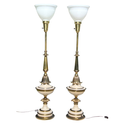 Stiffel-Brass-and-Enamel-Torchiere Table-Lamps-Set.