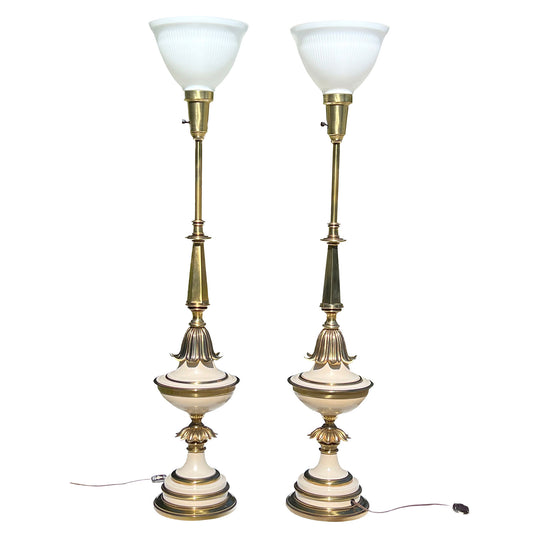 Stiffel-Brass-and-Enamel-Torchiere Table-Lamps-Set.