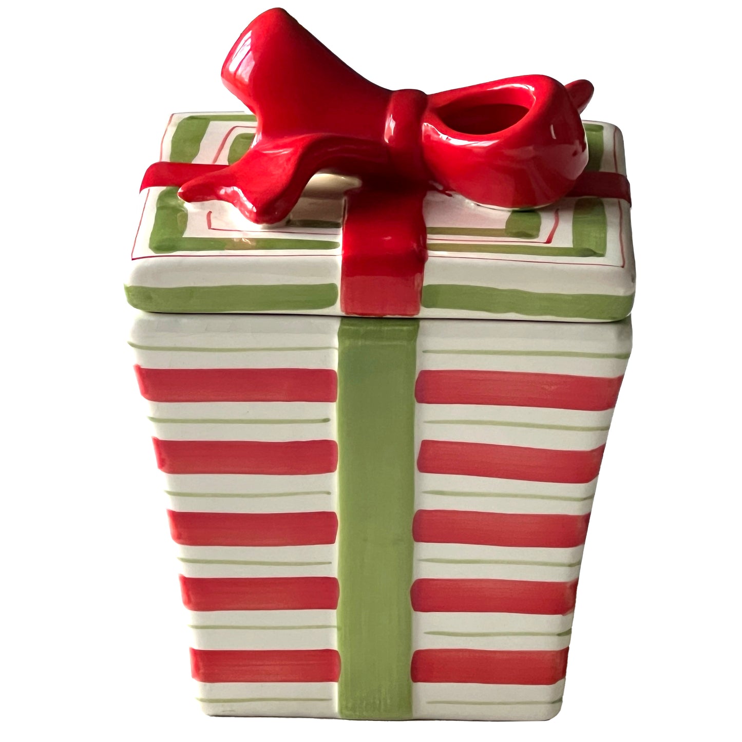 Striped-Ceramic-Gift-Box-with-Red-Bow.-Fill-with-candy,-treats.