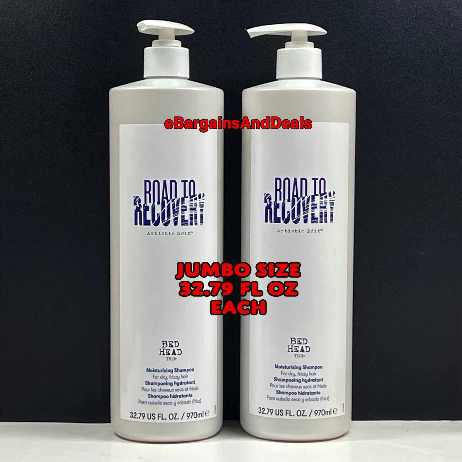 Two bottles of 'Road to Recovery' shampoo with a black background