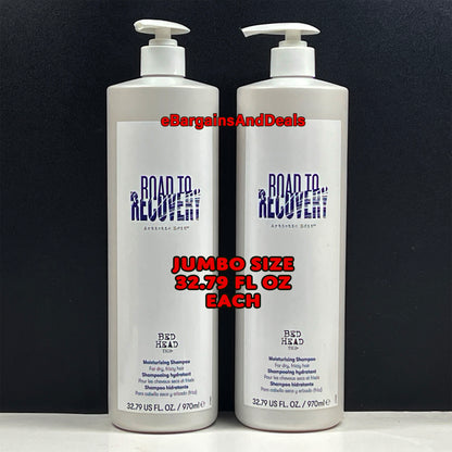 Two bottles of 'Road to Recovery' shampoo with a black background