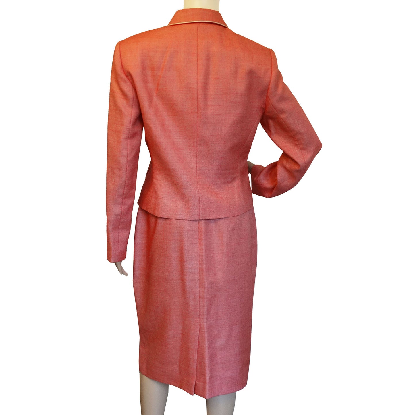 The back-view-of-a-red-women-skirt-suit