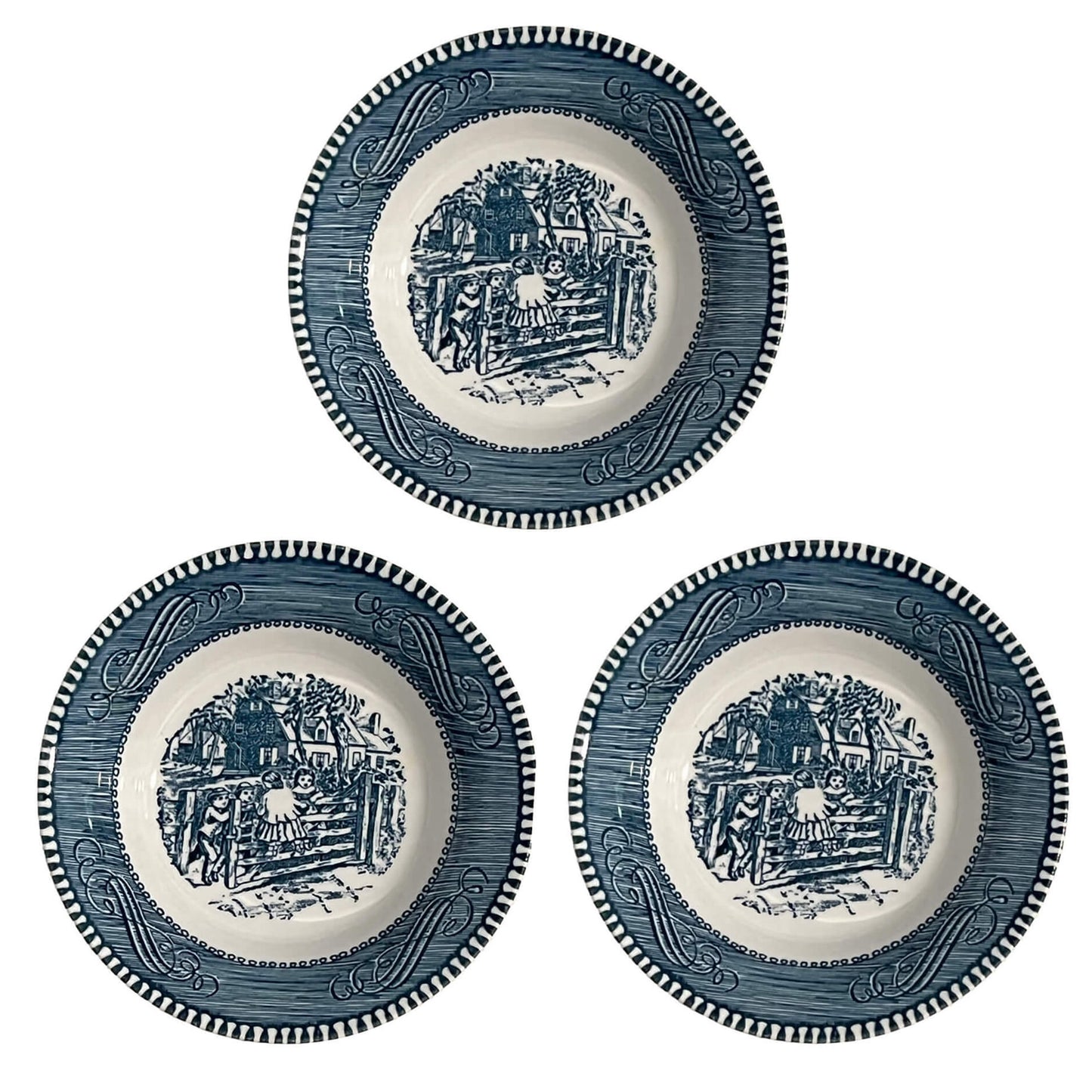 Set of three blue and white decorative plates with intricate patterns on a white background
