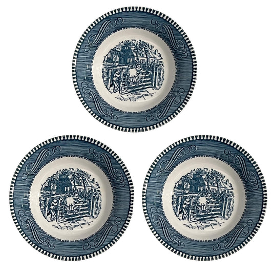 Set of three blue and white decorative plates with intricate patterns on a white background