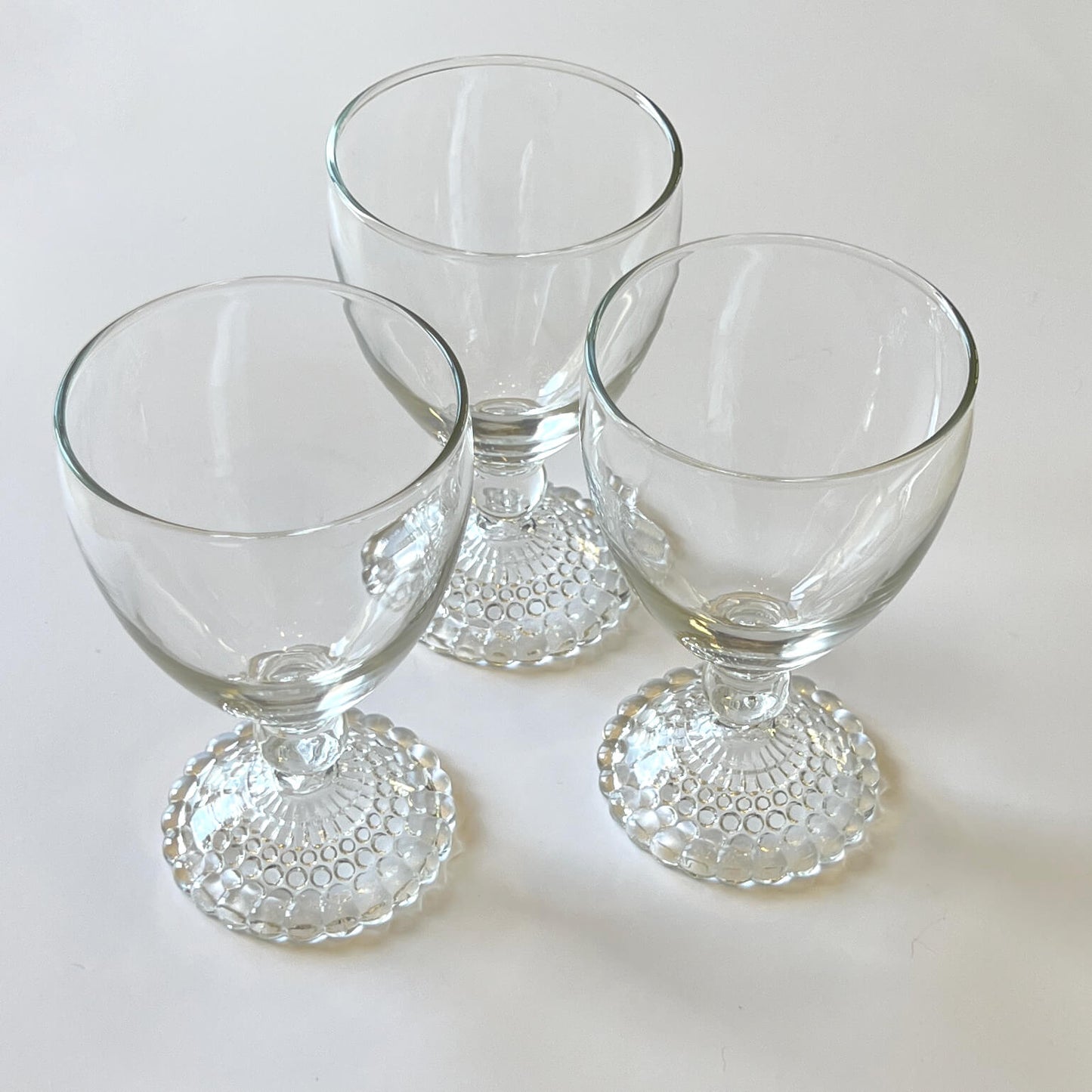 Three-Vintage-Anchor-Hocking-Bubble-Foot-Water-Goblets.-UNUSED.-