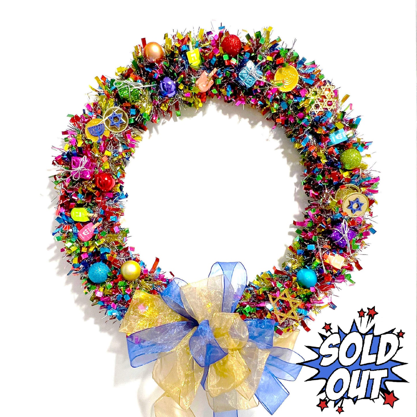 Hanukkah Door Wreath 19-in - Menorah, Dreidels, Stars Wooden Ornaments