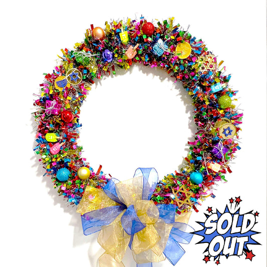 Hanukkah Door Wreath 19-in - Menorah, Dreidels, Stars Wooden Ornaments