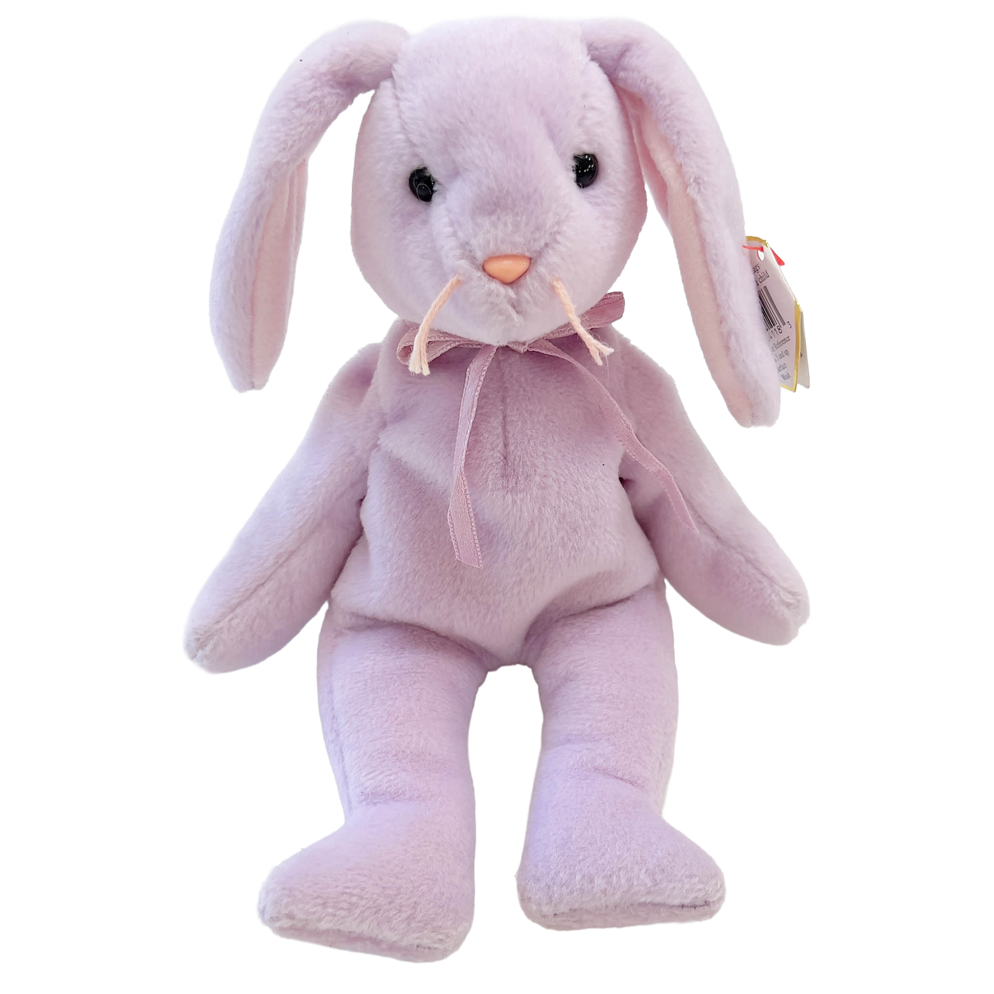 Pink plush bunny toy with a bow tie on a white background
