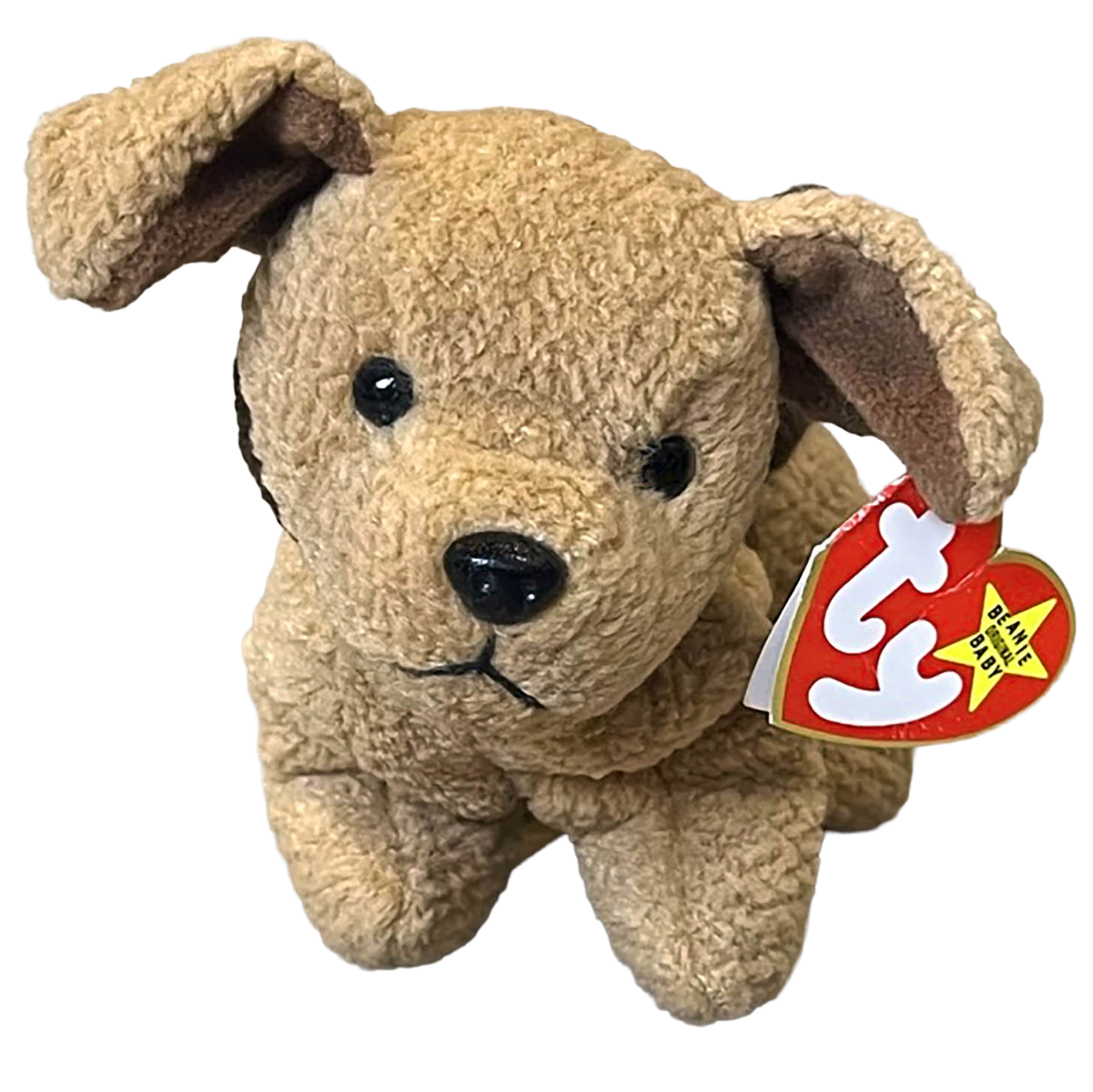 Beige plush dog toy with a red and white tag on a white background