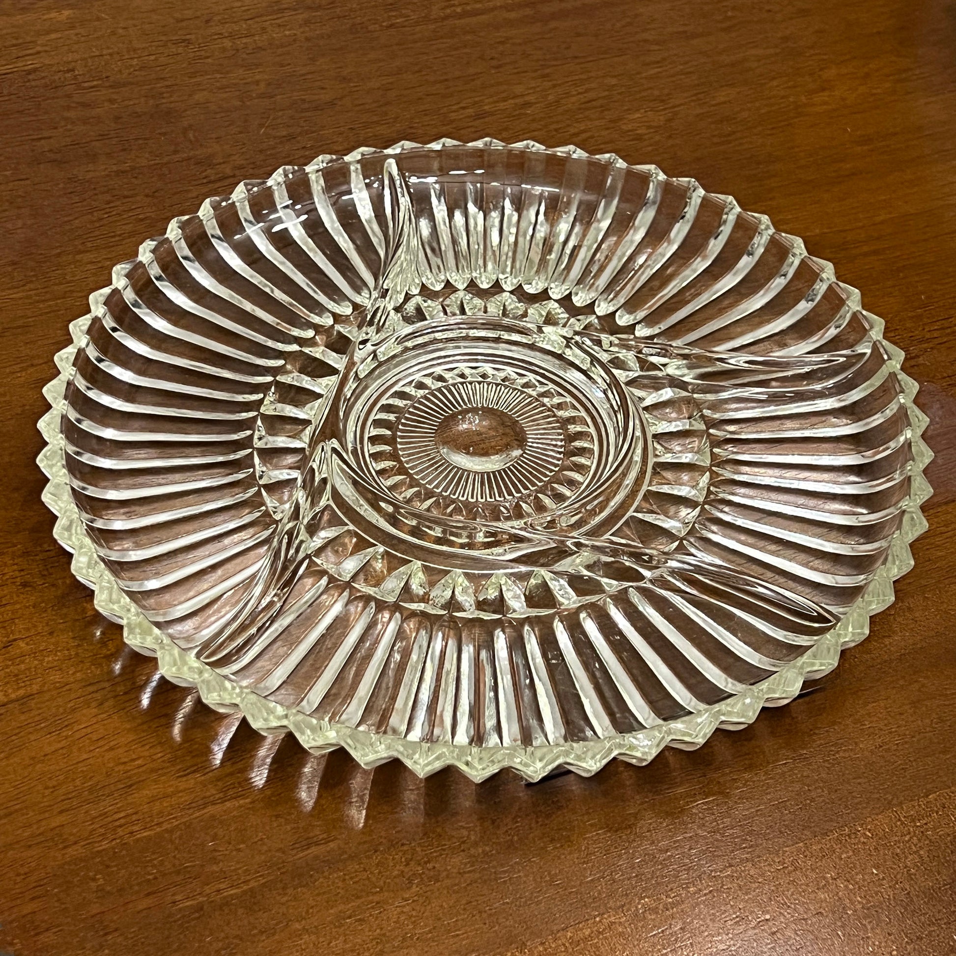 Vintage-Lotus-Blossom-Clear-Glass-Round-Sectioned-Serving-Plate.-Shop-eBargainsAndDeals.