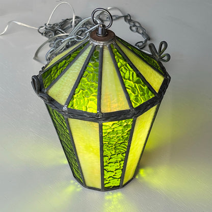 Vintage Mid-Century Modern Stained Glass Pendant Light – Green & Yellow 13.5″