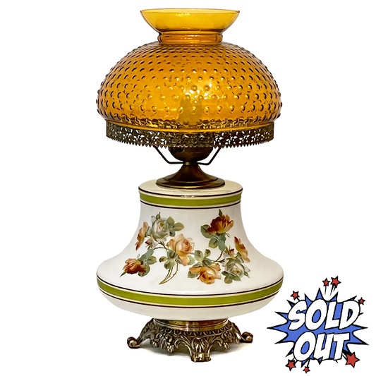 Vintage White Floral Hurricane Lamp, Amber Hobnail Glass Shade