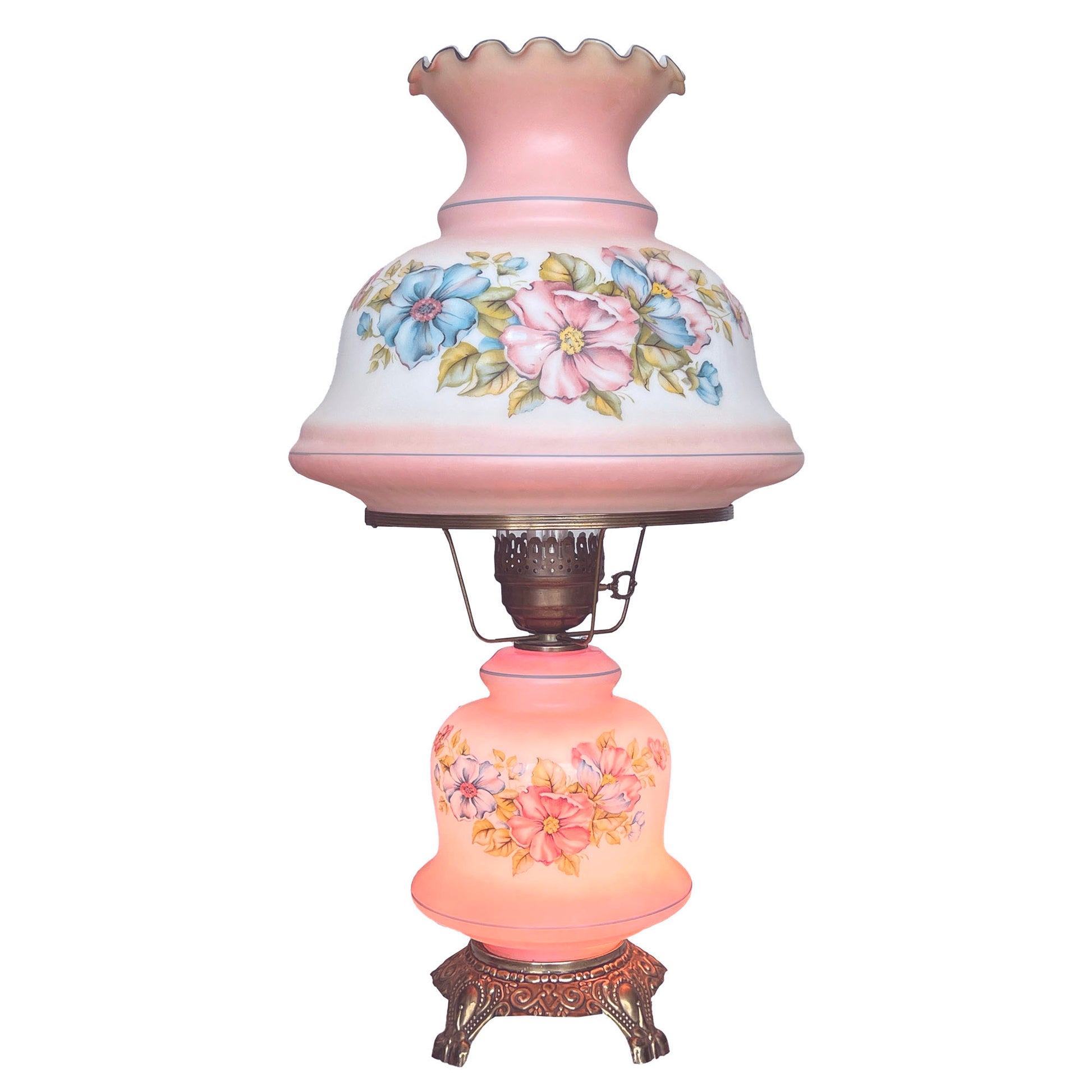 Vintage-Pink-Hurricane-Lamp-with-bottom-light-on.