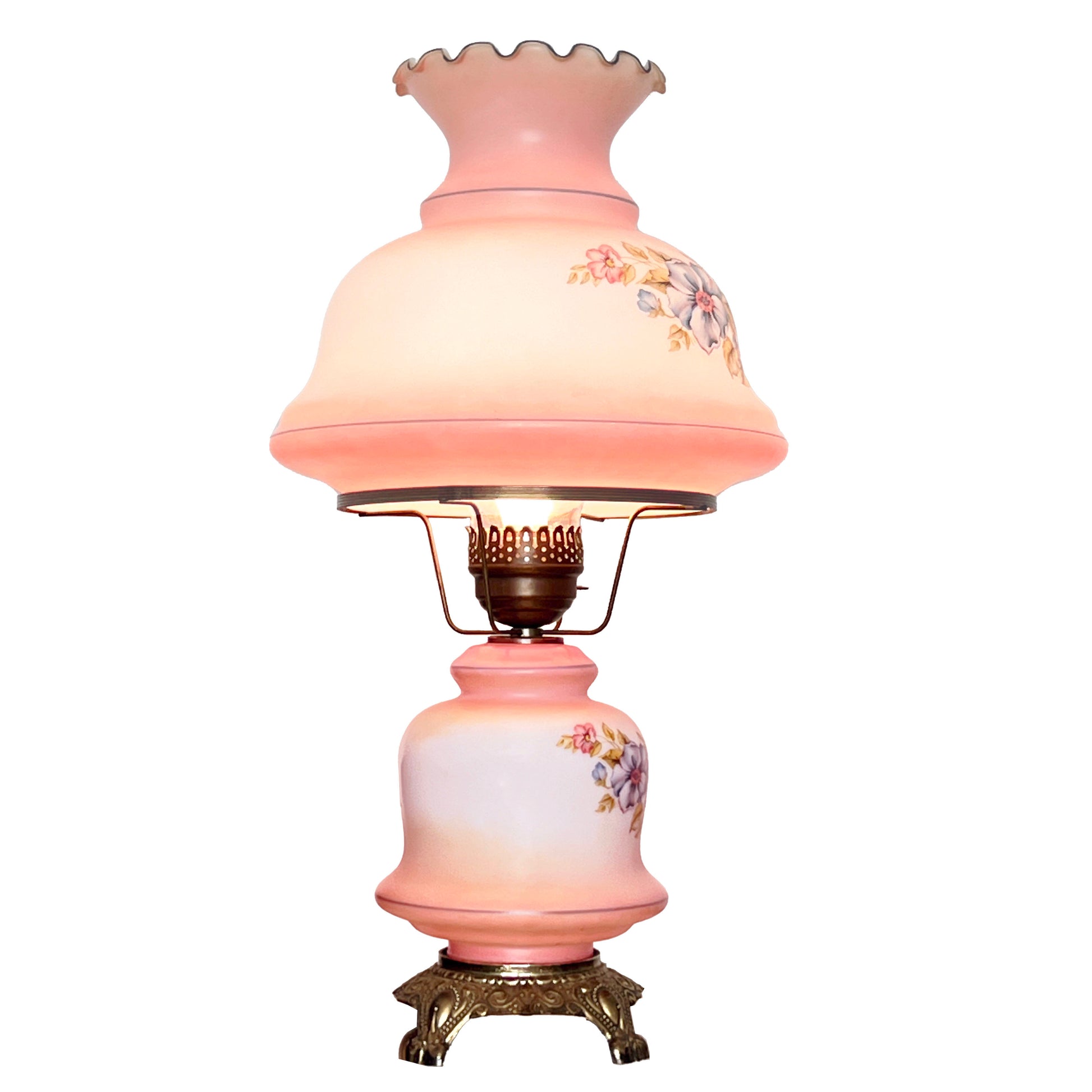 Vintage-Pink-glass-floral-Hurricane-Lamp-with-the-Top-lit-up