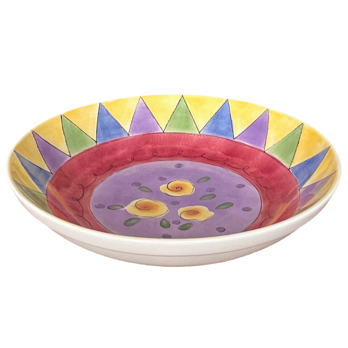 Decorative ceramic bowl with colorful geometric design on a white background