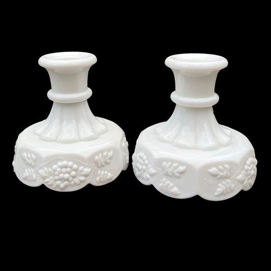 Westmoreland-Milk-Glass-Candlestick-Holders, Grape-and-leaf-pattern.