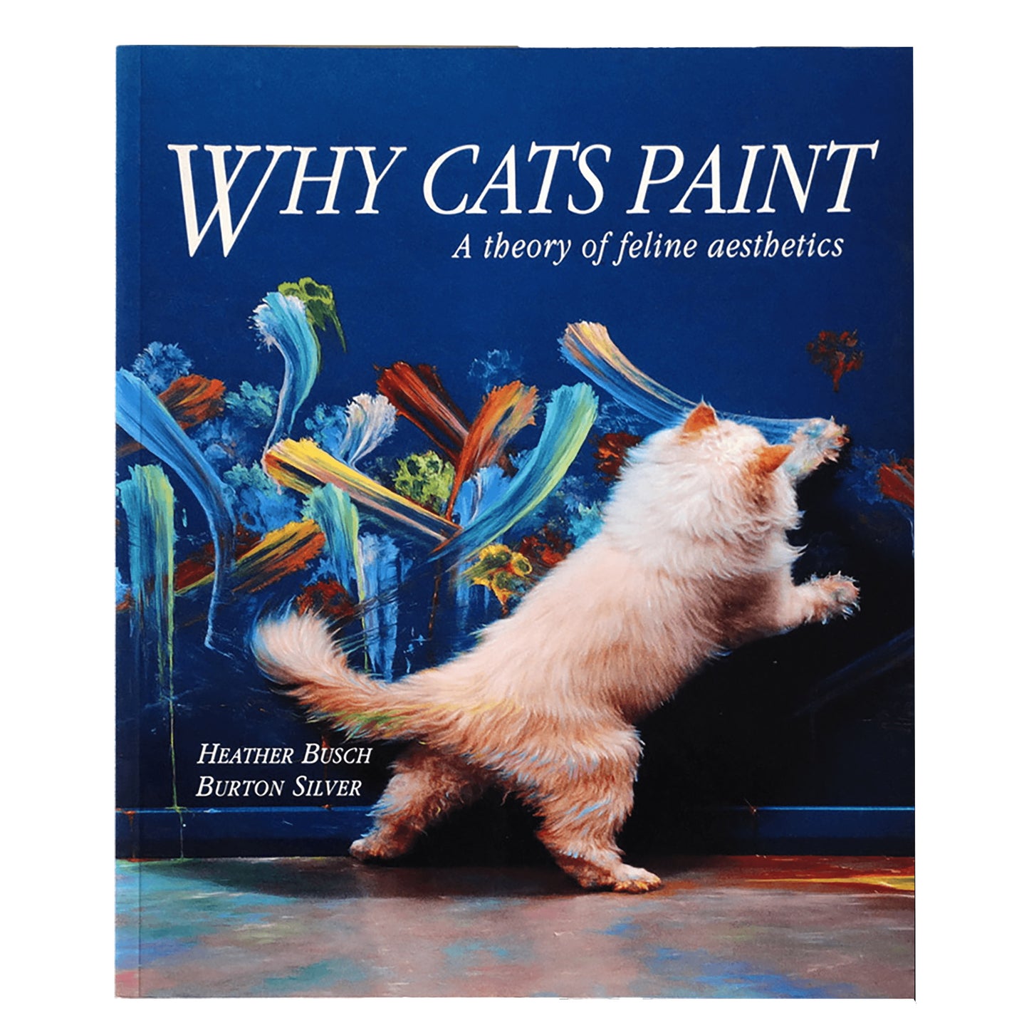 Book cover of 'Why Cats Paint' with a cat painting on a blue background