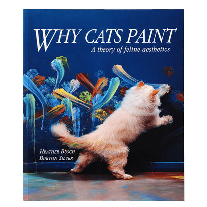 Book cover of 'Why Cats Paint' with a cat painting on a blue background