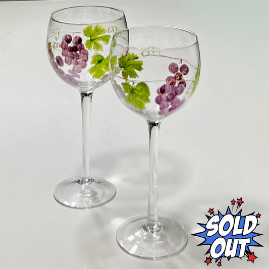 Hand-Painted Grape and Leaf Wine Glasses - 9-in - Set of 2