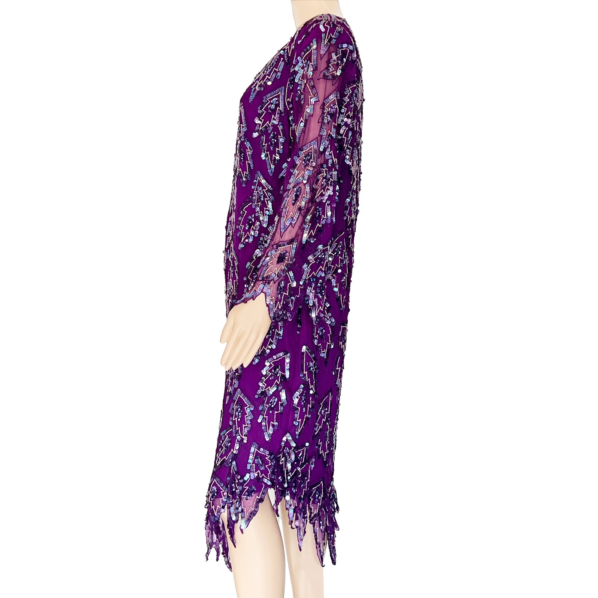 Womens-CARINA-Purple-Silk-Evening-Dress. Side-view.-beads-and-Sequins.-Shop-eBargainsAndDeals.com