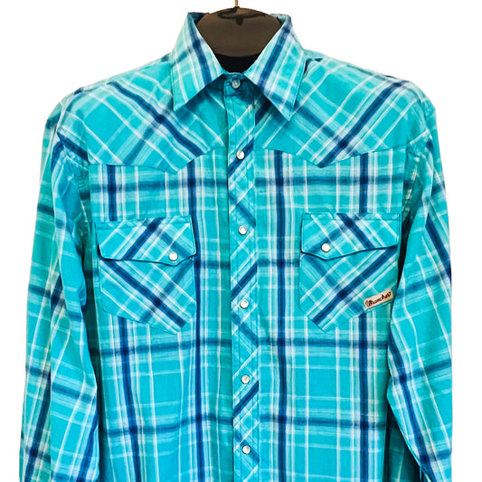 Wrancher-Wrangler-Blue-Plaid-Western-Cowboy-Shirt.-_Close-up-view.-Shop-eBargainsAndDeals.com