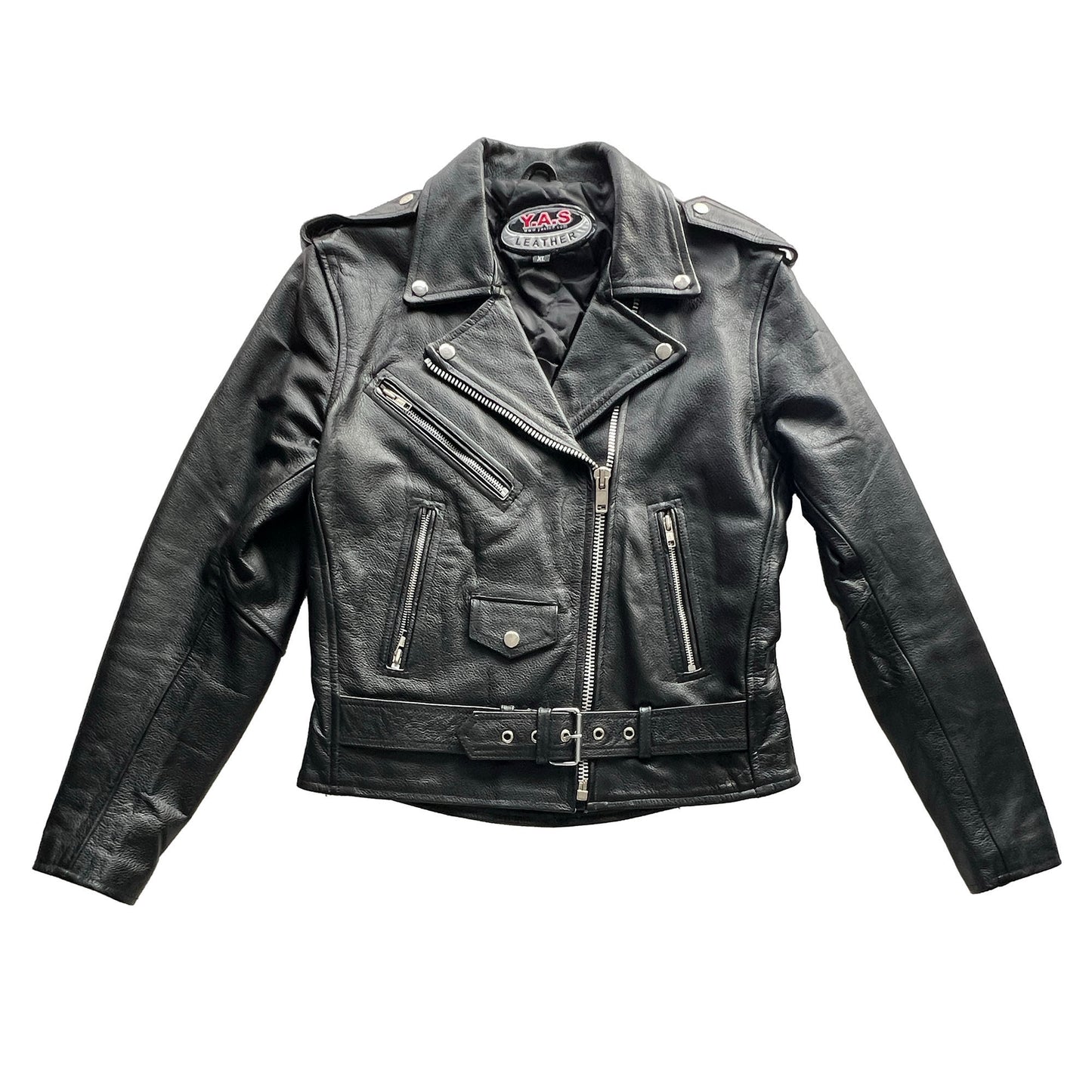 YAS-Black-Real-Leather-Motorcycle-Jacket-for-women.-Front-view.