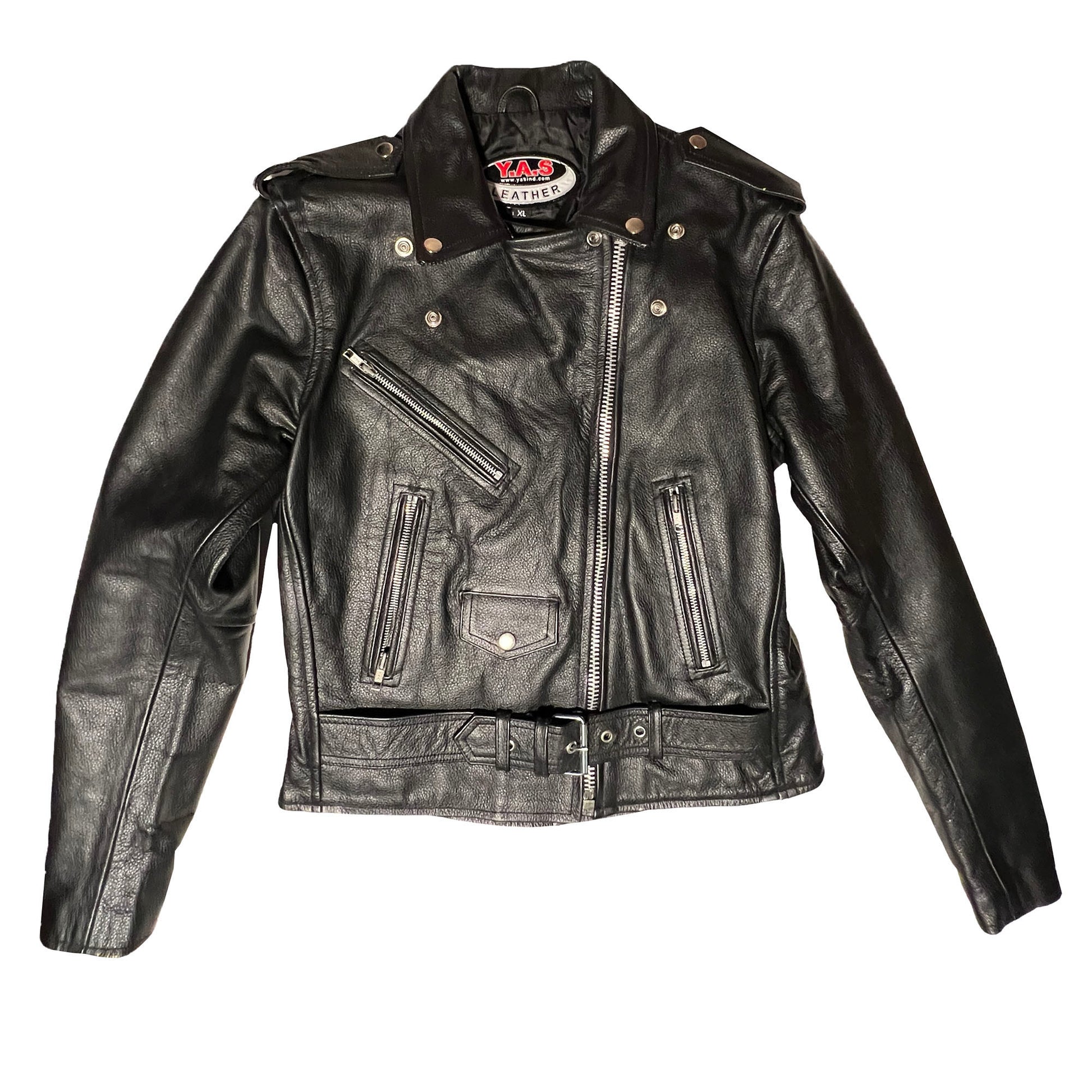 YAS-Women's-Classic Black-Leather-Moto-Jacket.-Shows-zippered-pockets,-adjustable-belt,-logo.