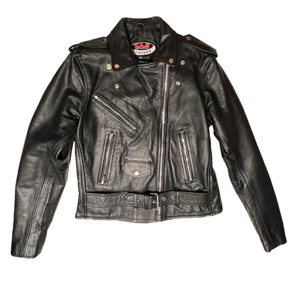 YAS-Women's-Classic Black-Leather-Moto-Jacket.-Shows-zippered-pockets,-adjustable-belt,-logo.