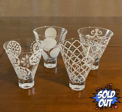 White Etched Cocktail Glasses, Stemless Bar Glass Set