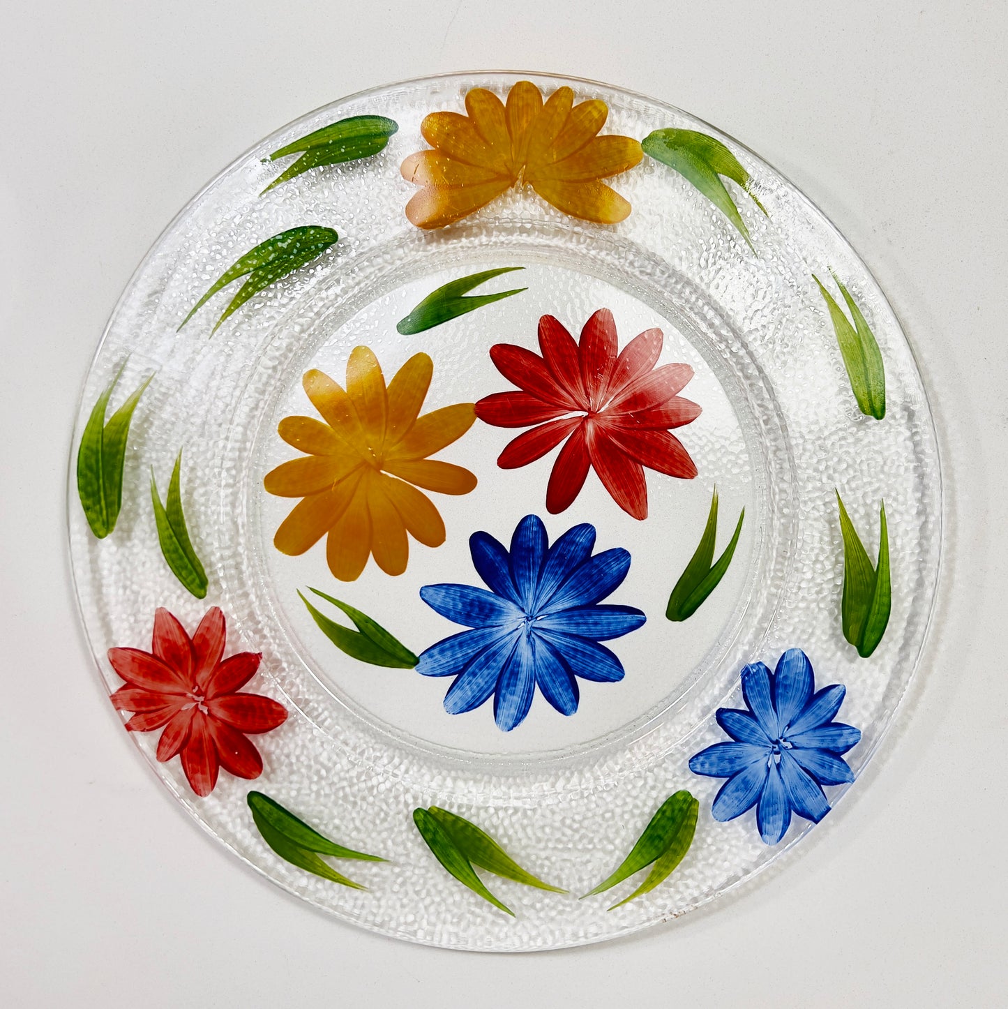Clear Fused Glass Round Platter 13.25" with Hand-Painted Flowers, Leaves