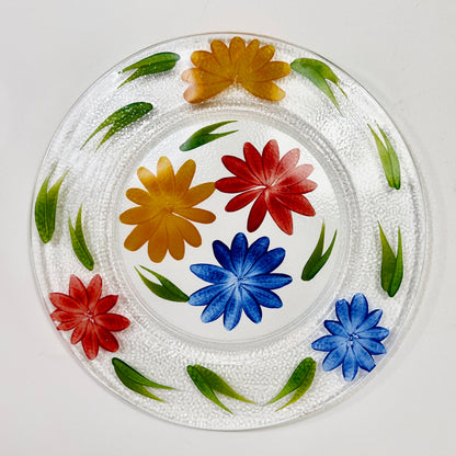 Clear Fused Glass Round Platter 13.25" with Hand-Painted Flowers, Leaves