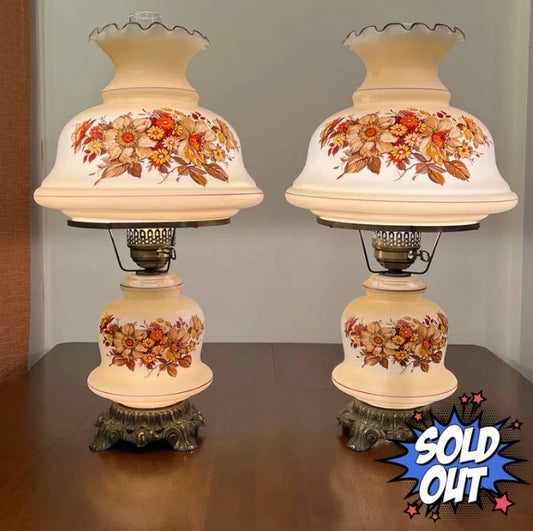Vintage Glass Hurricane Lamp Set. Beige Floral Pattern.