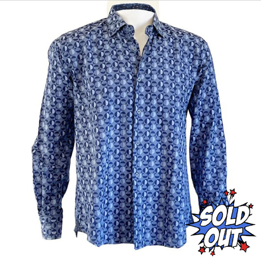 Men's Vintage Luchiano Visconti Blue Geometric Casual Sport Shirt - Large