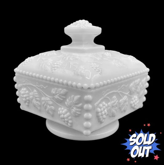Westmoreland White Milk Glass Covered Bowl, Grapes and Leaves
