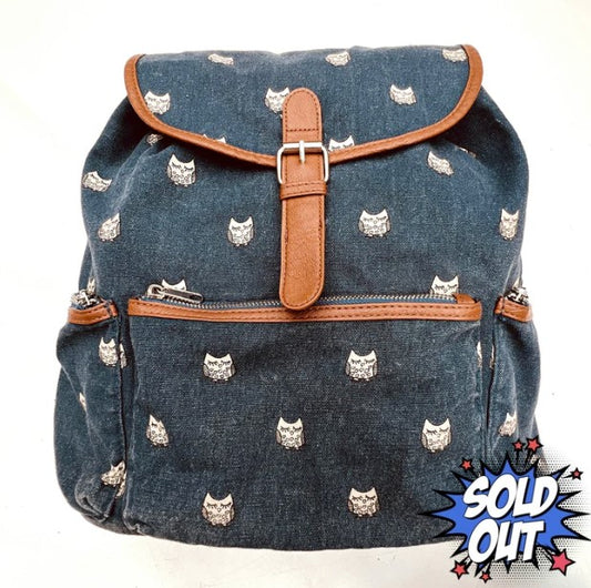 Mudd Blue Denim Owl Print Backpack, School Book Bag