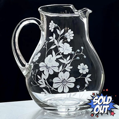 Pasabahce White Etched Floral Glass Pitcher 9-in
