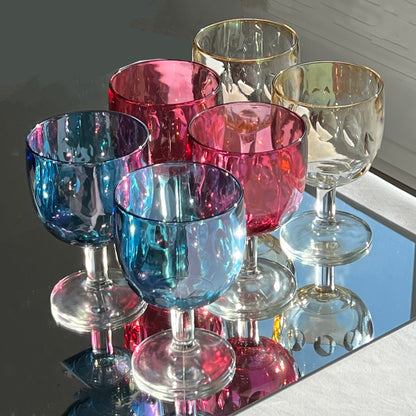 set-of-6-Bartlett-Doin-Dot-Water-Goblets in red, blue-and gold.