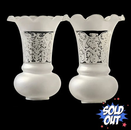 Vintage Set of Frosted, Etched Glass Hurricane Lamp Shades