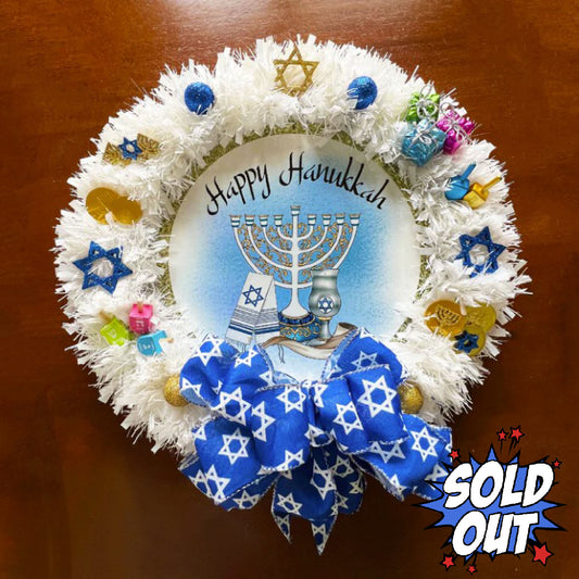 Happy Hanukkah Holiday Door Wreath, 18" - Wooden Dreidels, Stars