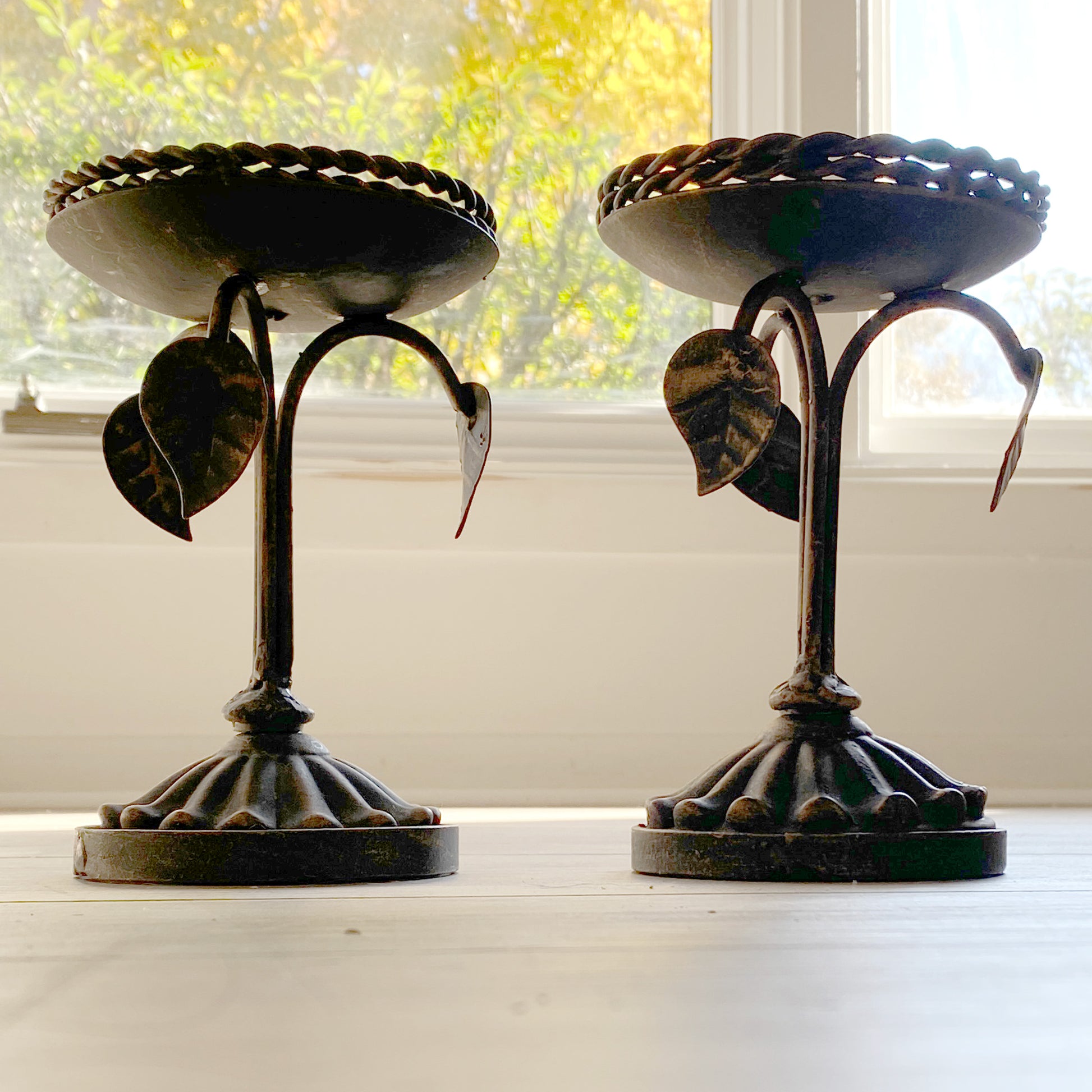 Set-of-2-antique-bronze-pillar-candle-holders,-side view.-Shop-eBargainsAndDeals.com