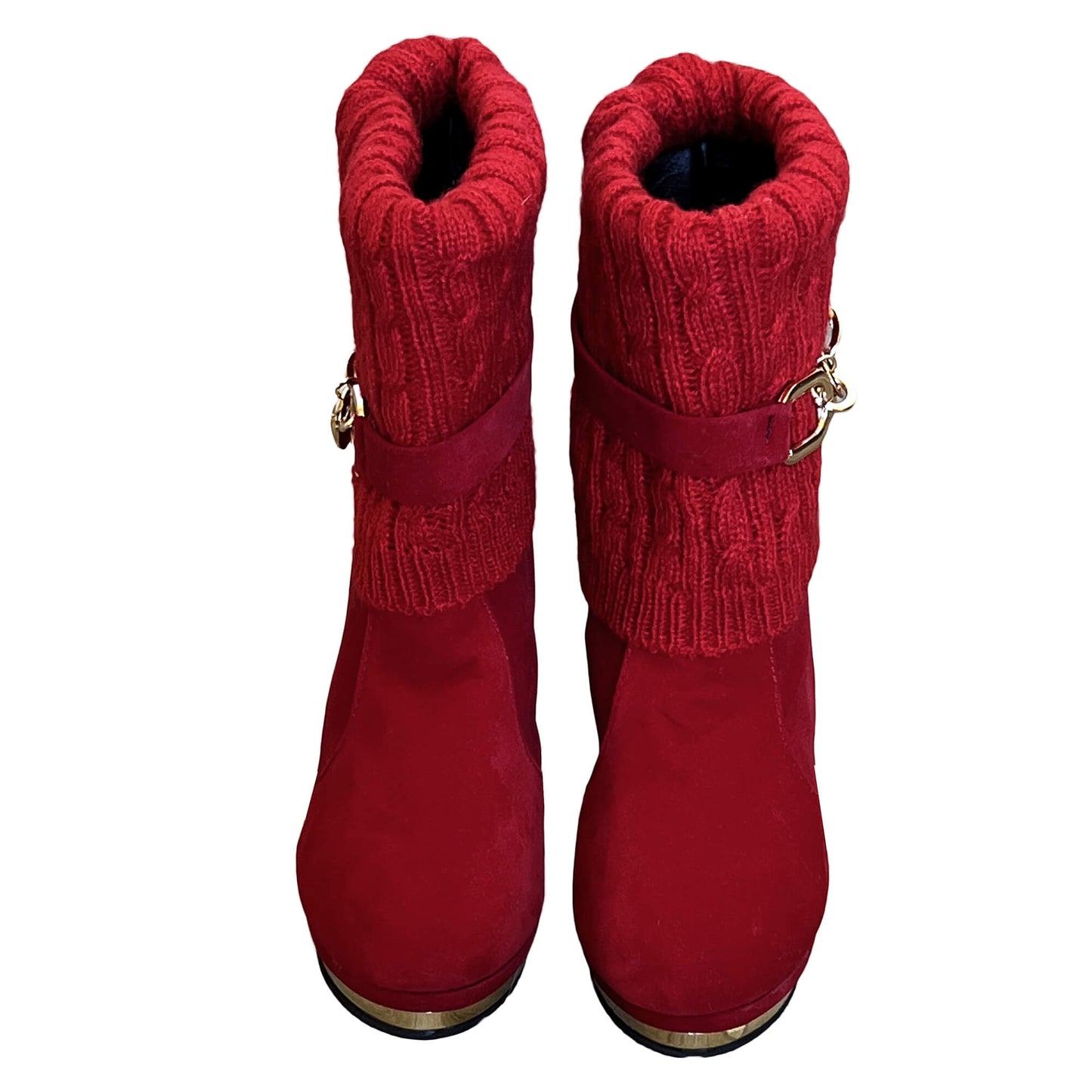 BBLAN-Red-Suede-Boots_Knit-Leg-Warmers_-Front-view.-Gold-Accents.Size-38.-Shop-eBargainsAndDeals.com