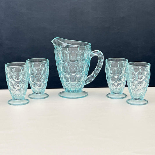 Jeanette-Ice-Blue-Pilgrim-Oval-Depression-Glass-Pitcher-and-4-Juice-Glasses-eBargainsAndDeals