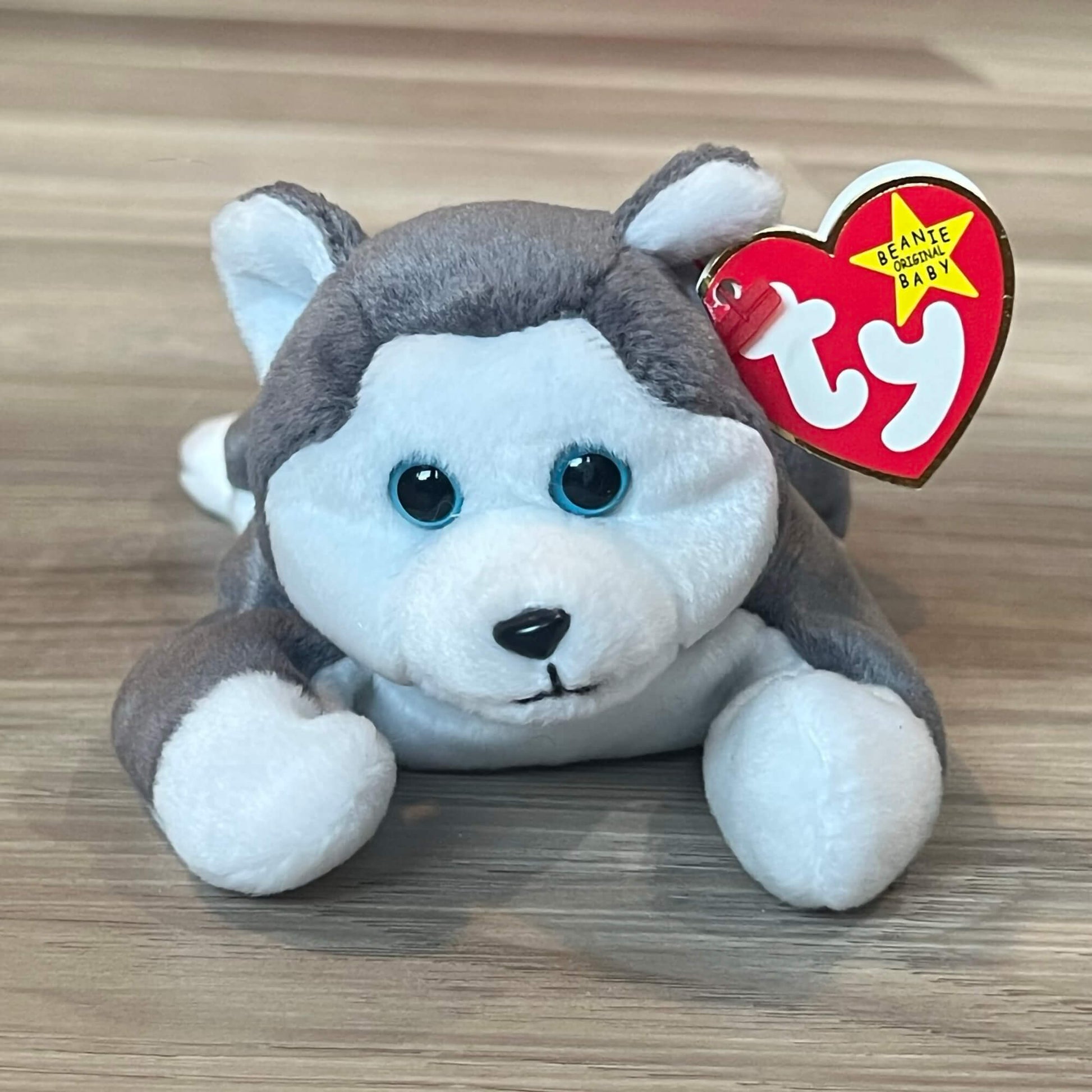 Nanook-Beabie-Baby-Stuffed-Dog_1996_Gray.-Side-view.--Face-close-up-Shop-eBargainsAndDeals