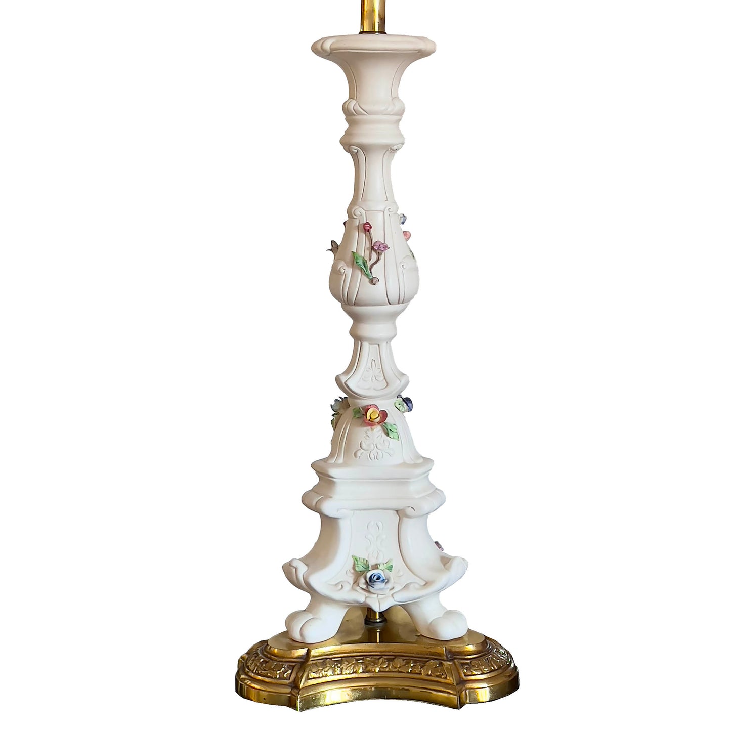 Rare-Bassano Capodimonte Table-Lamp-with-raised-pastel-colored-porcelain-flowers, and brass-base. 