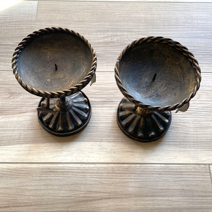 Set-of-2-antique-bronze-pillar-candle-holders,-top-view.-Shop-eBargainsAndDeals.com